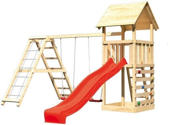 Akubi Kinderspielturm Lotti mit Wellenrutsche, Doppelschaukelanbau, Klettergerüst und Kletterwand rot (8472)