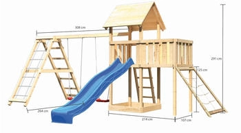 Akubi Kinderspielturm Lotti mit Wellenrutsche, Doppelschaukelanbau, Klettergerüst und Netzrampe blau (8499)