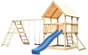 Akubi Kinderspielturm Luis mit Doppelschaukelklettergerüst, Netzrampe und Wellenrutsche blau (17372)