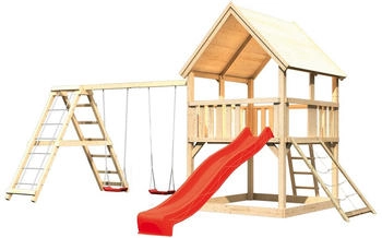 Akubi Kinderspielturm Luis mit Doppelschaukelklettergerüst, Netzrampe und Wellenrutsche rot (17373)