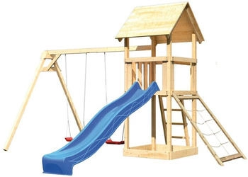 Akubi Kinderspielturm Lotti mit Wellenrutsche, Doppelschaukelanbau und Netzrampe blau (1722)