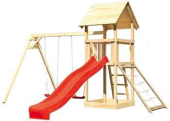 Akubi Kinderspielturm Lotti mit Wellenrutsche, Doppelschaukelanbau und Netzrampe rot (1724)
