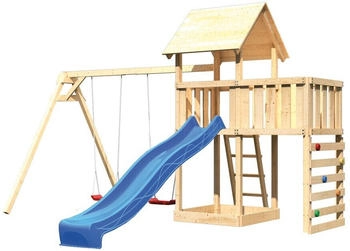 Akubi Kinderspielturm Lotti mit Wellenrutsche, Doppelschaukelanbau und Kletterwand blau (8483)