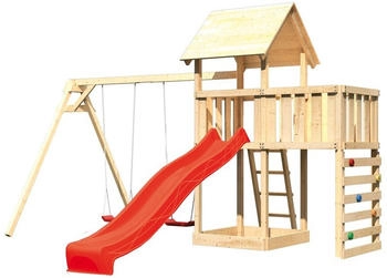 Akubi Kinderspielturm Lotti mit Wellenrutsche, Doppelschaukelanbau und Kletterwand rot (8484)