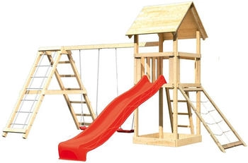 Akubi Kinderspielturm Lotti mit Wellenrutsche, Doppelschaukelanbau, Klettergerüst und Netzrampe rot (1728)