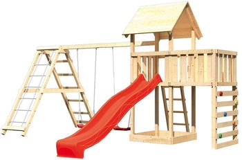 Akubi Kinderspielturm Lotti mit Wellenrutsche, Doppelschaukelanbau, Klettergerüst und Kletterwand rot (8488)