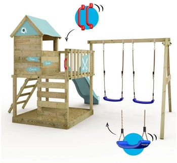 Wickey Spielturm Smart Cave mit Rutsche Pastellblau – Wickey Spielturm Smart Cave – robuster Spielplatz aus Kiefernholz