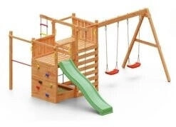 Fungoo Spielturm Climbing Star 3 mit Rutsche, Doppelschaukel und Kletternetz