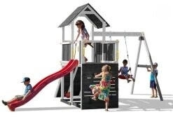 Fungoo Spielturm Carol 3 grau-weiß mit Schaukel, Rutsche, Rampe und Kletterwand