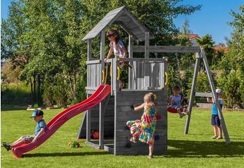 Fungoo Spielturm Carol 3 grau mit Schaukel, Rutsche, Rampe und Kletterwand