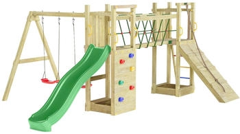 Fungoo Maxi Funny Spielturm mit Doppelschaukel, Rutsche, Verbindungselement, Kletterwand und Rampe