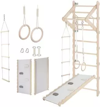 Mamoi Klettergerüst Indoor, Sprossenwand mit Rutsche, Turnringe mit Klimmzugstange