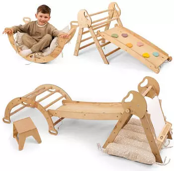 Goodevas 5-in-1 Holz-Kletter-Set Kleinkinder Kletterbogen Beige/Natur/Wei&szlig;