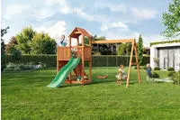 FUNGOO Spielturm "FLOPPI" mit Rutsche, Doppelschaukel, Kletterwand, Teleskop,...