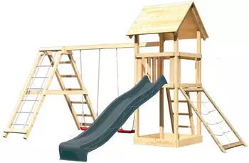 Karibu Spielturm Lotti mit Rutsche Schaukelanbau Ger&uuml;st u. Rampe Natur-Anthrazit