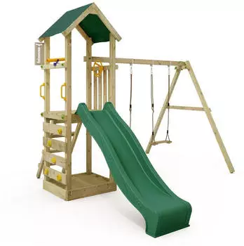Fatmoose KiwiKey Abenteuerlicher Spielturm mit Doppelschaukel & Rutsche Grün