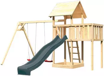 Karibu Spielturm Lotti mit Rutsche Doppelschaukel u. Plattform Natur-Anthrazit