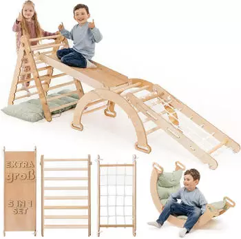 Goodevas 5-in-1 Montessori Kletterger&uuml;st Dreiecksleiter, Kletterbogen & Kletterrampe, Netz, Kissen (Gr&uuml;nes Kissen)