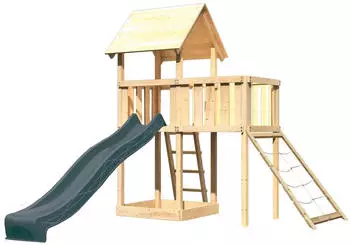 Karibu Spielturm Lotti mit Rutsche Anbauplattform u. Netzrampe Natur-Anthrazit