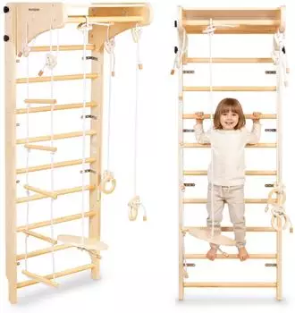 Mamabrum Montessori Kletterwand aus Holz mit Tellerschaukel, Ringen & Kletterseil (MAM246 CLIMBING)