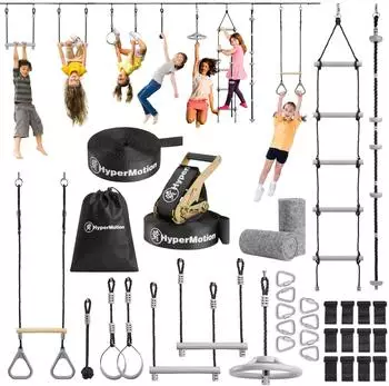 HyperMotion Ninja-Hindernisparcours für Kinder, 9 Hindernisse, 15m Slackline (HYP22 CLIMBER)