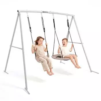 HyperMotion Doppelschaukel mit Vogelnest und Sitzschaukel, Stahl, grau/beige (235&times;172&times;183cm)
