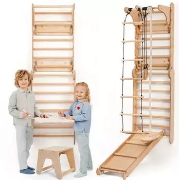 Goodevas Kletterger&uuml;st Schwedenwand & Rutsche, Holz, f&uuml;r Kinder 2-12 Jahre (Swedish Wall & Art set)