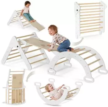 TecTake Kletterger&uuml;st Montessori 8in1 mit Kletterdreieck, Kletterbogen & Rutsche, hellgrau, Holz (406742)