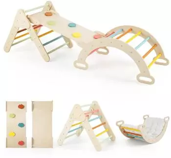 Costway Montessori Kletter-Set 3-in-1 mit Kletterdreieck, Bogen & Rampe, Holz, bunt