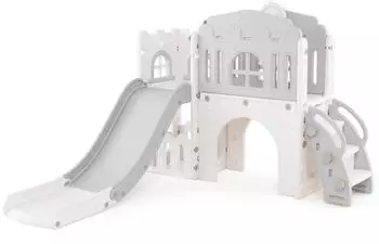 Costway Kinderrutsche 9-in-1 mit Basketballkorb, Klettergerüst & Tunnel, grau