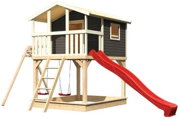 Karibu Stelzenhaus Benjamin mit Doppelschaukel & Rutsche grau/rot (97784)