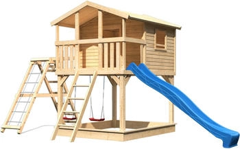 Karibu Stelzenhaus Benjamin mit Doppelschaukel & Rutsche natur/blau (97785)