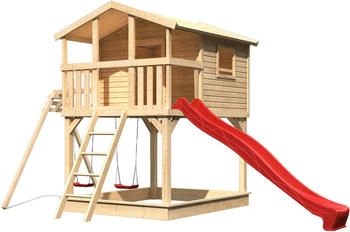 Karibu Stelzenhaus Benjamin mit Doppelschaukel & Rutsche natur/rot (97782)