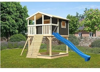 Karibu Stelzenhaus Benjamin Set Terragrau Holzrampe Rutsche 3 m Blau