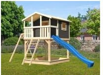 Karibu Stelzenhaus Benjamin Terragrau mit Doppelschaukel Rutsche Blau