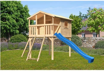 Karibu Stelzenhaus Benjamin Naturbelassen mit Leiter, Netzrampe & Rutsche Blau