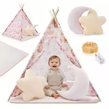 Mamabrum Tipi Spielzelt für Kinder, rosa, mit Matte, Kissen & LED-Lichterkette
