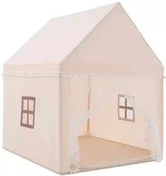 Costway Kinderspielzelt mit Massivholzrahmen & Baumwolldecke, 120x105x140cm, beige/braun (HW67015CF)