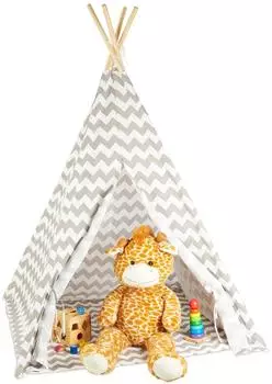 Relaxdays Tipi Kinderzelt mit Boden, Tragetasche, 160x115x115cm, wei&szlig;-grau