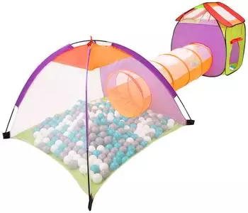 Selonis 3-in-1 Spielzelt mit Tunnel Bällebad, 400 Bälle, grau/weiß/türkis