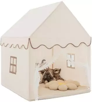 Costway Kinderspielzelt mit Massivholzrahmen & Matte, 120x105x140cm, beige (HW67016CF)