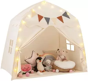 Costway Kinderspielhaus Indoor mit Flaggen & Lichterketten, 157x98x148cm, beige