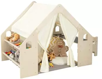 Costway Kinderzelt 6-in-1 aus Holz mit Tisch, Stuhl, Regal & 6 Aufbewahrungsbehältern, beige (FB32390NQDE)
