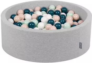 KiddyMoon Bällebad rund 90x30cm, 200 Bälle, hellgrau/dunkeltürkis/pastellbeige/weiß/mint (OK30D-549)