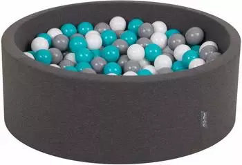 KiddyMoon B&auml;llebad OK30D rund 90x30cm, 200 B&auml;lle &empty;7cm, dunkelgrau/wei&szlig;/t&uuml;rkis (OK30D-011)
