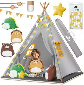 Kidiz Tipi Spielzelt f&uuml;r Kinder, Baumwolle, grau, mit LED-Lichterkette