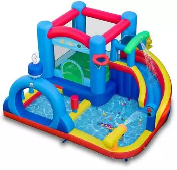 Costway Hüpfburg Wasserpark mit Rutsche, Planschbecken & Ozeanbällen, 370x360x204cm