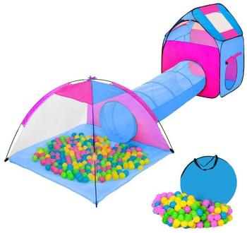 TecTake Würfel Pyramide Kinderzelt mit Tunnel + 200 Bälle + Tasche pink-blau