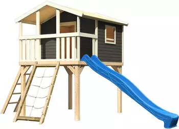 Akubi Stelzenhaus Benjamin mit Netzrampe und Rutsche terragrau/blau