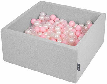KiddyMoon Bällebad 90 x 40 cm Quadrat Hellgrau 200 Bälle rosa/perle/transparent